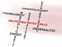 Grafik: Niedergeschriebene Rotkreuzgrundsätze vereinen sich im Namen Deutsches Rotes Kreuz